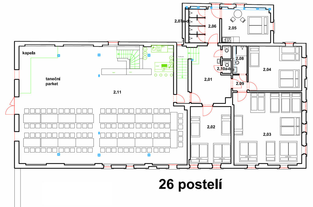 Svatba Adršpach - ubytování - počet lůžek a velikost pokojů v 2. nadzemním patře